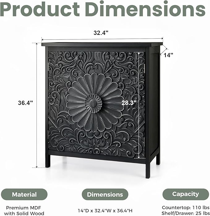 PHI VILLA Black Accent Cabinet with Doors, Small Buffet Sideboard Storage Cabinet, Entryway Cabinets