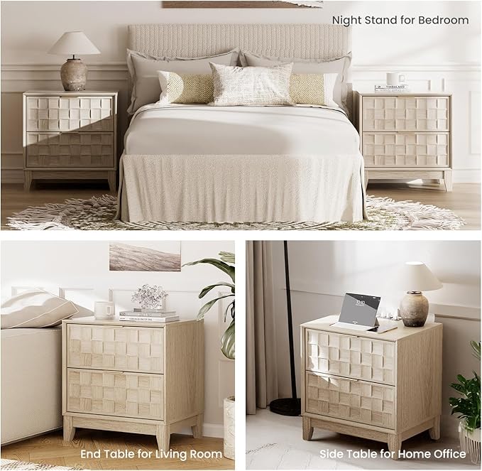 COLAMY Nightstand with Charging Station, 22" Modern Bed Side Table with 2 Storage Drawers and Chessboard Relieffor Bedroom, Dorm and Small Spaces - Oak