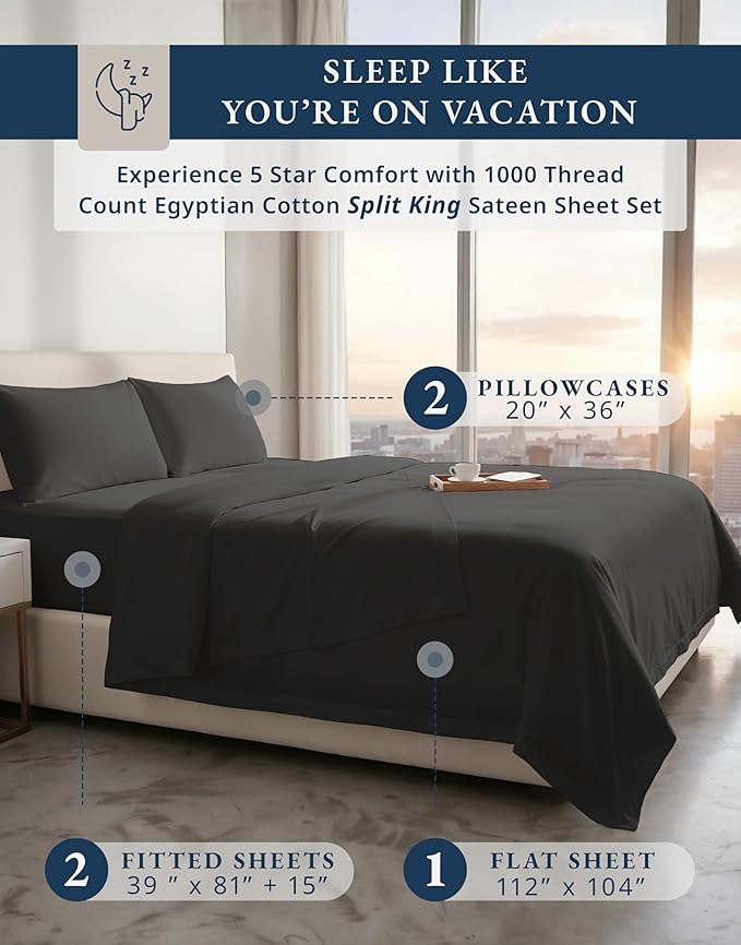 LANE LINEN 1000TC 100% Egyptian Cotton Split King Bed Sheets for Adjustable Beds - Fully Elasticized Reinforced Seams Extra Deep Pocket Split King Sheet, No Pill Fade Resistant Sheets- Black