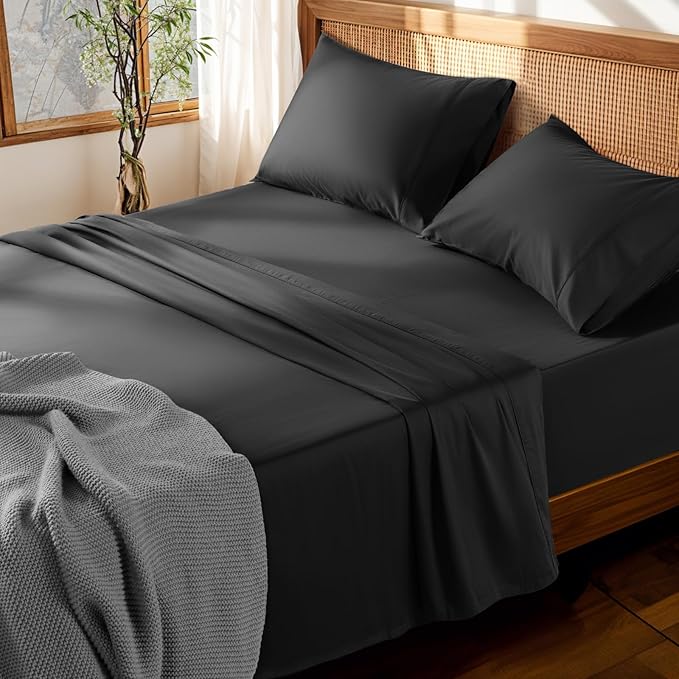 LBRO2M 100% Cotton Sheets Set Deep Pocket 19", 1000 Thread Count California Size 4 Piece Bed Sheet Sets Soft Comfortable Bedding All Season (King, Black)