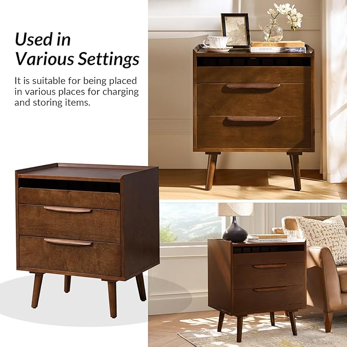 HULALA HOME 2 Drawer End Table with Pull-Out Shelf, Mid-Century Modern End Table with Wood Legs, Wood Side Table with Charging Station(Walnut, Set of 2)