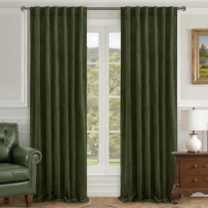 LAMIT 90 Inches Velvet Curtains for Living Room, Olive Green Thermal Insulated Blackout Curtains Luxury Room Darkening Back Tab and Rod Pocket Window Drapes for Bedroom, 2 Panels, 52 x 90 Inch