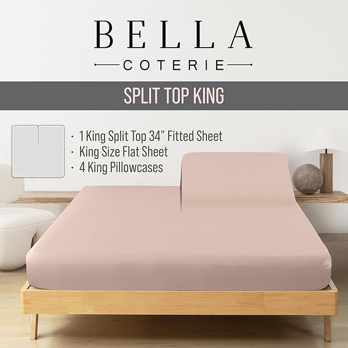 Bella Coterie 6 Piece Luxury Bamboo Viscose Split Top King Size Sheet Set | 34" Split for Adjustable Beds | 100% Organically Grown| Cooling | 18” Deep Pocket | 4 Pillowcases [Dusty Rose]