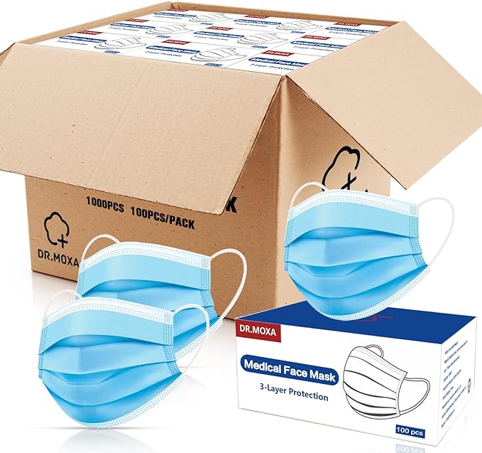 DR.MOXA 1000 Pack Disposable Medical Face Masks Breathable(10 Boxes, 100pcs/Box) 3 Ply Masks for Protection Blue