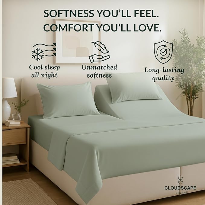 Cloud Scape Linen 100% Egyptian Cotton Split King Sheet Set for Adjustable Bed,400 Thread Count, 5 Pcs Bedding Set, Soft, Breathable and Durable, Deep Pockets up to 17, Mineral