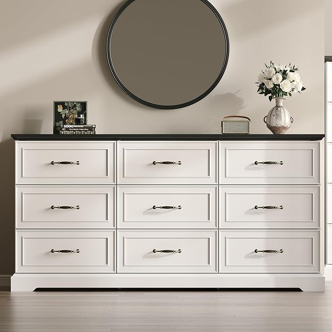 Farmhouse 9 Drawers Dresser for Bedroom, 63" Wide Modern Chest of Drawers with Deep Drawers & Bar Handles, Rustic Wood Dresser TV Stand, Wooden Closet Storage Organizer for Living Room, Hallway, White