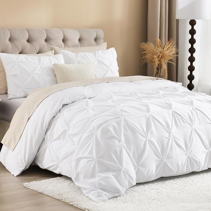 Litanika White King Pinch Pleat Duvet Cover, 3 Pieces Pintuck Cover Soft Microfiber Bedding Set with Zipper Closure & Corner Ties(104x90Inch-1 Duvet Cover, 2 Pillowcases)