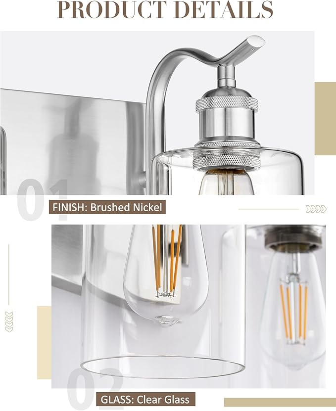 2-Light Bathroom Vanity Light, Brushed Nickel Wall Sconce, Modern Bathroom Light with Clear Glass, VL01BN-2