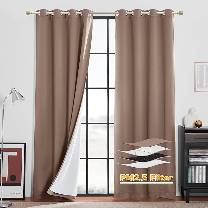 RYB HOME Soundproof & Dust Particle Filtering Curtains Blackout Window Treatment for Bedroom Living Room Divider Nursery Daytime Sleeping Patio Door, Mocha, W52 x L 102 inch, 2 Panels