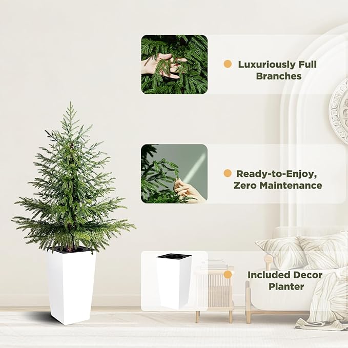 2 Pack 4FT Artificial Norfolk Pine Trees in Modern White Pot, Real Feel Faux Christmas Tree for Indoor Decor, Pet Safe PPC Material, Home and Holiday Style