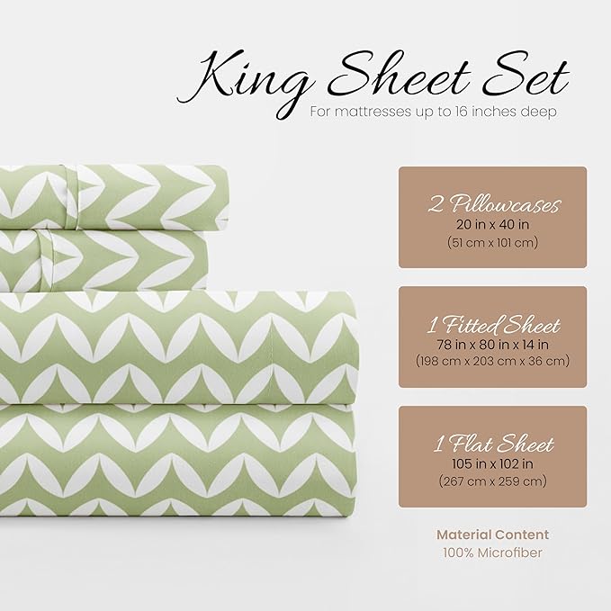 Linen Market 4 Piece King Sheet Set - Breathable, Double-Brushed Patterned Cooling Sheets – Oeko-TEX Certified Ultra Soft & Wrinkle-Free 16" Deep-Pocket King Sheets - Easy Care Puffed Chevron Sage