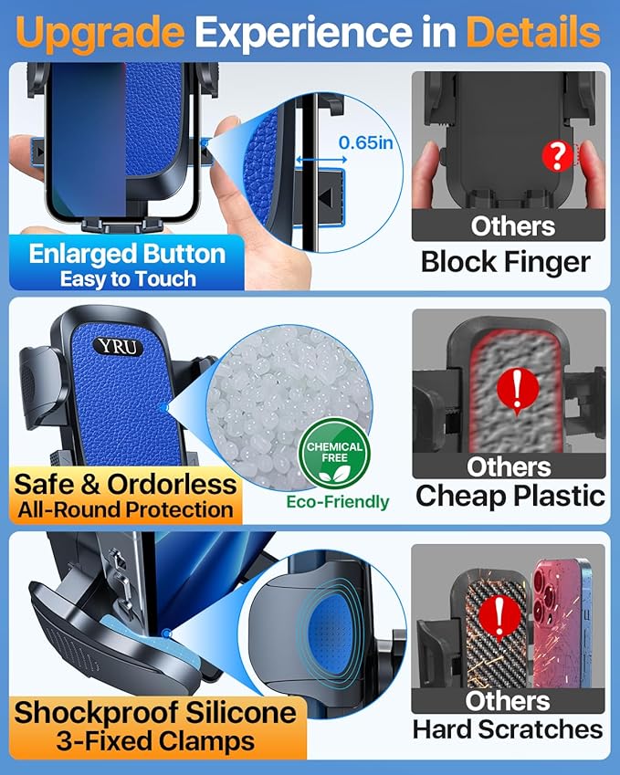 YRU [2025 Upgrade Extreme Strong Suction] Car Phone Holder Mount,[Bumpy Road Stable] Dashboard Cell Phone Holder for Car Vent Windshield Phone Stand for iPhone 16 15 14 13 Pro Max Samsung Truck, Blue