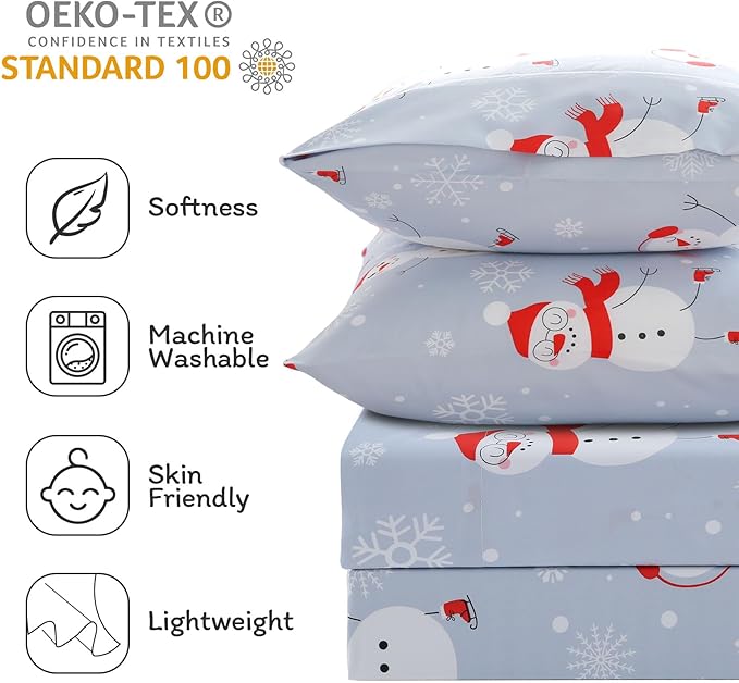 JSD Snowman Kids Sheet Set Full Size, 4 Piece Blue Snowflakes Christmas Printed Microfiber Sheets Deep Pocket