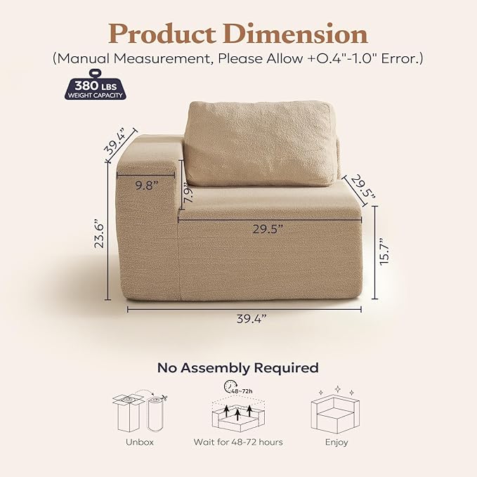 40" Single Sofa for Adults, Upholstered Floor Sofa Couch with Pillow, Teddy Boucle Sofa for Bedroom Living Room, No Assembly Required (Teddy Boucle, Camel)