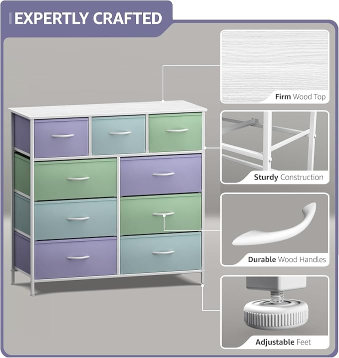 Sorbus Kids Dresser with 9 Drawers - Furniture Storage Chest Tower Unit for Bedroom, Hallway, Closet, Office Organization - Steel Frame, Wood Top, Fabric Bins (Pastel 2, Pastel)