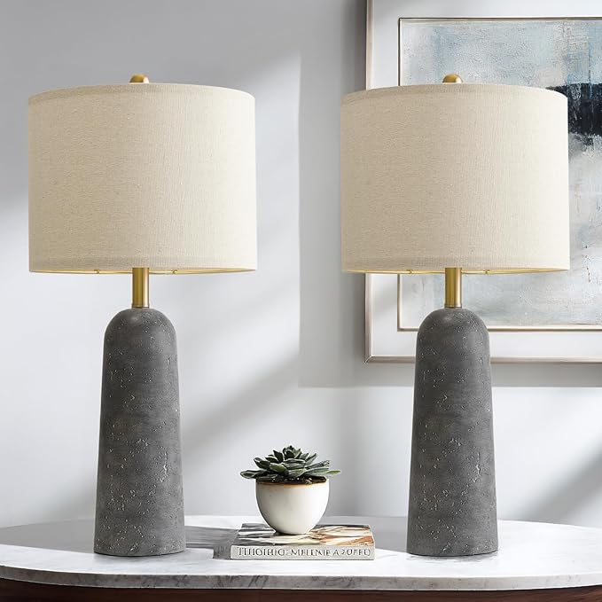 BOBOMOMO 27.25" Modern Table Lamp Set of 2, Gray Resin Lamp with Natural Stone Look, Lamps for Living Room with Linen Shades, Nightstand Lamp for Bedroom, Living Room, Entryway
