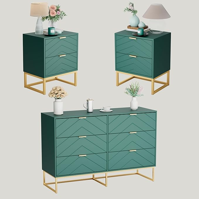 Anbuy 3 Pieces Bedroom Sets, 6 Drawer Dresser and Nightstand Sets for Bedroom, Night Stand Set of 2 & 6 Drawer Dresser with Gold Handles, Morden Wood Chest of Drawers Storage Cabinet Set, Green