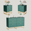 Anbuy 3 Pieces Bedroom Sets, 6 Drawer Dresser and Nightstand Sets for Bedroom, Night Stand Set of 2 & 6 Drawer Dresser with Gold Handles, Morden Wood Chest of Drawers Storage Cabinet Set, Green