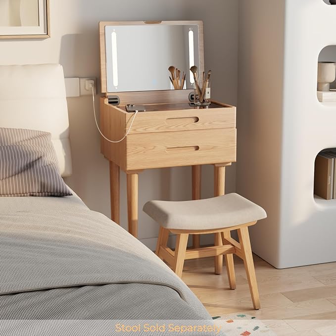 Solid Wood Small Vanity Desk with Mirror and Lights, Narrow Makeup Vanity for Small Space, Flip Top Vanity Side Table, 3 Color Modes & Adjustable Brightness, 19.6" Slim Dressing Table, Natural