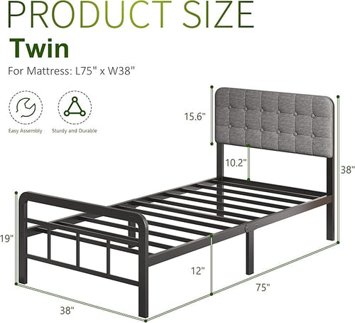 12 Inch Twin Bed Frames with Upholstered Headboard and Metal Footboard, No Box Spring Needed, Heavy Duty Twin Metal Mattress Foundation, Noise Free, Easy Assembly