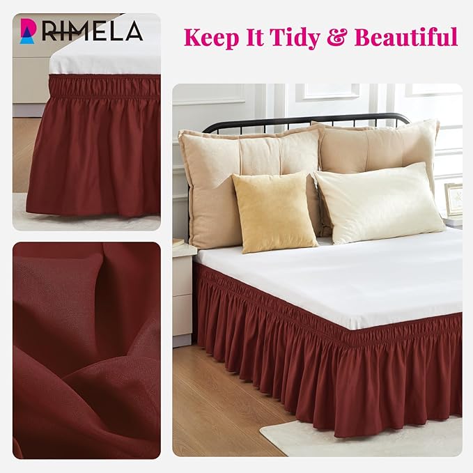RIMELA Wine Red Bed Skirt King Size 15 Inch Drop, Elastic Bed Skirting for Bed Base and Frame, Bedding Dust Ruffle, Lightweight Wrap Around Adjustable Bedskirt, Cal King