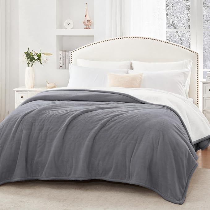 SEALY Electric Blanket Queen Size, Flannel & Sherpa Heated Blanket with 10 Heat Setting & 1-12 Hour Auto Shut Off, Fast Heating Blanket, Machine Washable, Light Grey, 84 x 90 Inch
