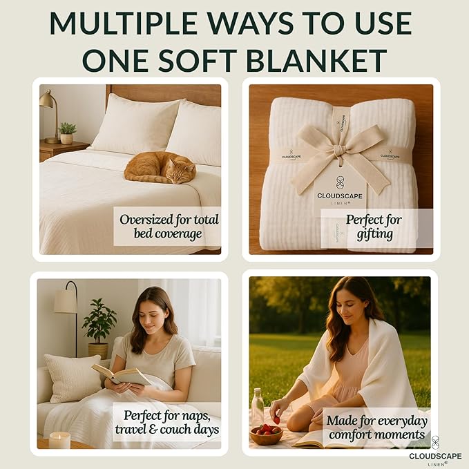 Cloud Scape Linen 100% Cotton 8 Layer Twin Size Muslin Blanket - Breatheable and Soft Winter Blanket for Bed, Couch and Sofa, Oversized Fits up to Twin XL, Best Gift Idea, 68x92, White