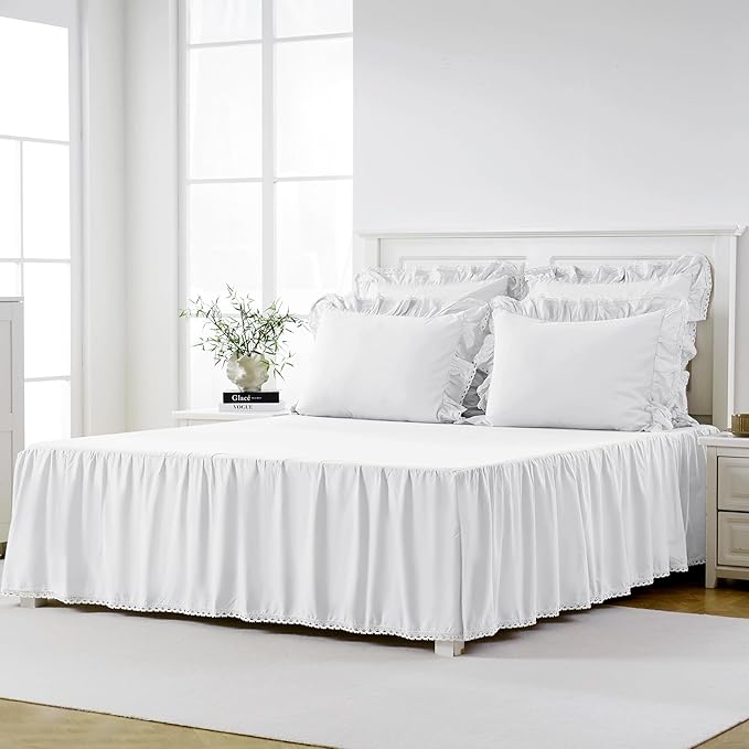 King Size 21" Drop - White Lightweight Cotton Bed Skirt with Crochet Edge - Dust Ruffle with Split Corner - Soft, Elegant, Breathable Bedding Accessory