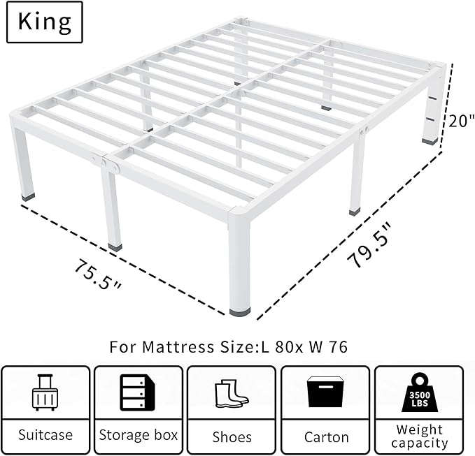 ROIL 20 Inch White King Bed Frame with Rounded Corner and Headboard Hole Mattress Retainers, 3500LBS Heavy Duty Steel Slats No Box Spring Needed Platform Noise-Free Easy Assembly