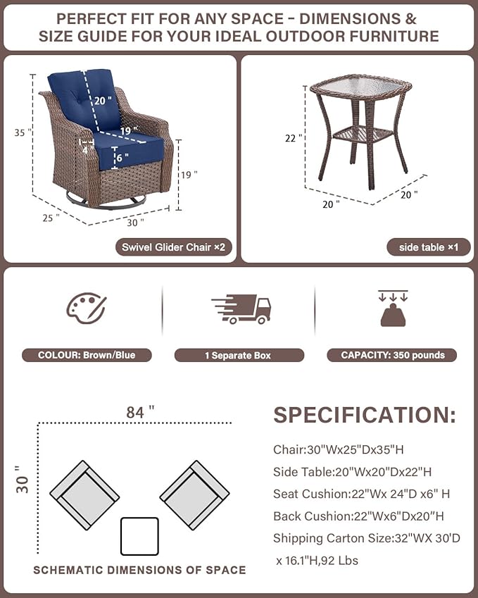 Belord 6" Thick Cushion Outdoor Swivel Rocker Patio Chairs Set of 2,3 Piece Wicker Patio Bistro Set with Side Table and Comfort High Back Outdoor Patio Glider Chair Brown Wicker/Blue Cushion