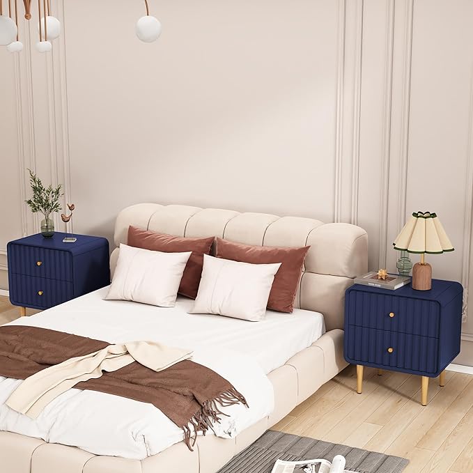 HLR Modern Nightstand, Fluted Bed Side Table with 2 Drawers Storage, Wood End Table with Gold Metal Handle, Blue Night Stands for Bedroom