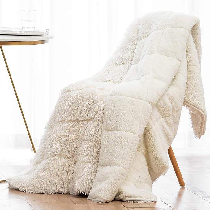 Wemore Shaggy Long Fur Faux Fur Weighted Blanket, Cozy and Fluffy Plush Sherpa Long Hair Blanket for Adult 15lbs, Fluffy Fuzzy Sherpa Reverse Heavy Blankets for Bed, Couch, Cream White, 80 x 87 Inches