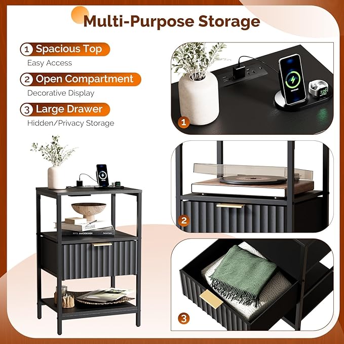 VINGLI Nightstand with Charging Station, Fluted Night Stand with Fabric Drawer, Bedside Table/Small Night Stand with Charger Station for Bedroom, Dorm, 14.96" W*11.81" D*23.7" H