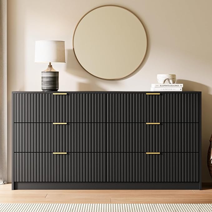 Black 6 Drawer Dresser for Bedroom, 55" Wide Modern Chest of Drawers with Gold Metal Handles, Fluted Wood TV Stand for Living Room, Hallway