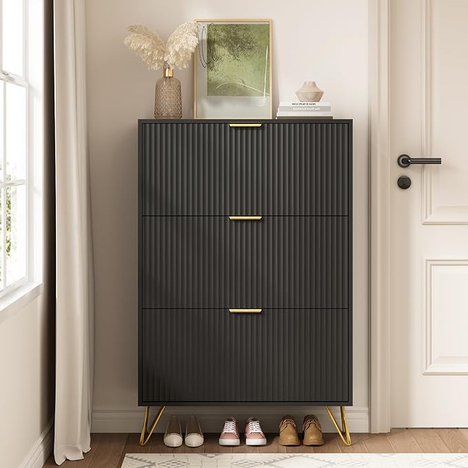 Shoe Cabinet with 3 Flip Drawers Narrow, Fluted Black Shoe Cabinet Storage for Entryway Slim, Hidden Shoe Storage Cabinet, Modern Freestanding Shoe Rack Organizer for Entryway, Black