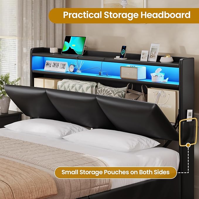 VIAGDO Queen Bed Frame with Storage Headboard and Charging Station, Leather Upholstered Bed Frame Queen Size with 4 Drawers and LED Lights, Type C and USB, No Box Spring Needed, Black