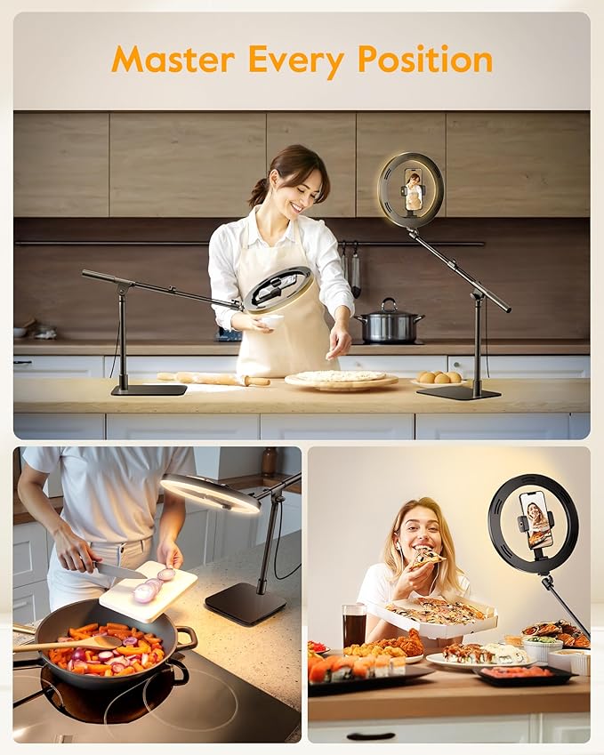 Ring Light with Stand for Desk,Adjustable Overhead Camera Mount with 10" Ring Light Tripod for iPhone,Phone Tripod with Light and Remote Phone Holder for Video Recording,Live Stream,Cooking Video