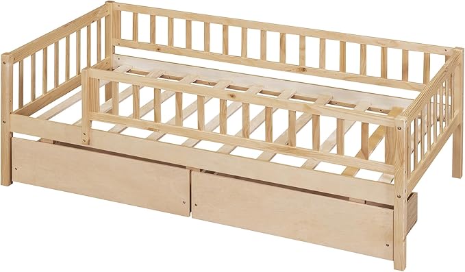 Bellemave Twin Bed Frames with Rails for Kids, Twin daybed Frame with Drawers for Boys/Girls/Adults， Natural
