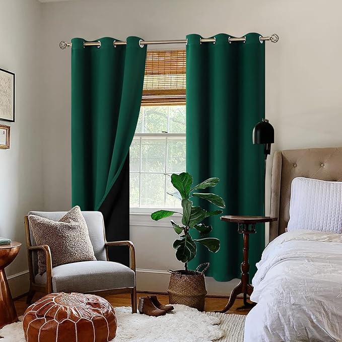 BGment Thermal Insulated 100% Blackout Curtains for Bedroom with Black Liner, Double Layer Full Room Darkening Noise Reducing Grommet Curtain (42 x 84 Inch, Emerald, 2 Panels)