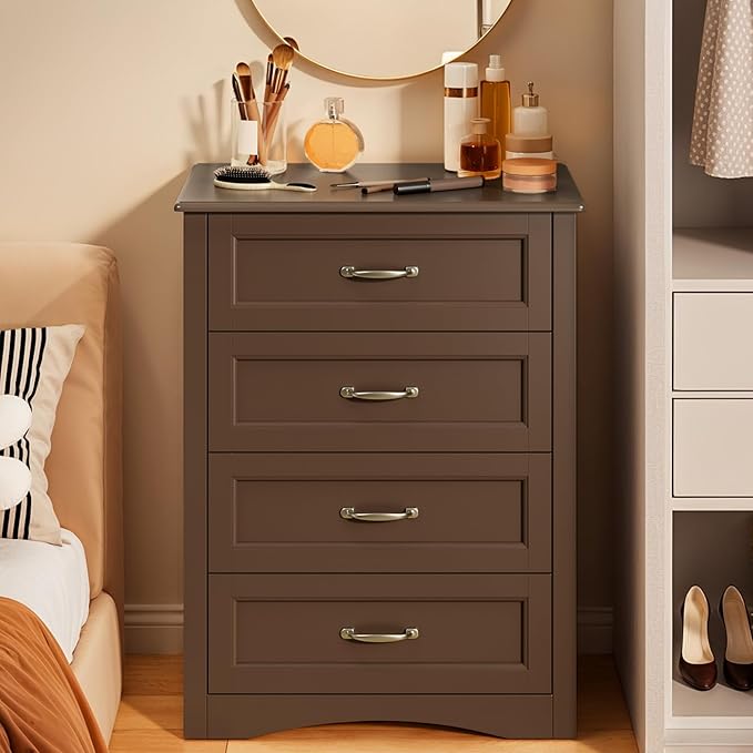 Gizoon Dresser for Bedroom with 4 Drawers Wooden Chest of Drawers for Closet Dresser Storage Unit Organizer for Hallway Living Room and Office, Dark Brown