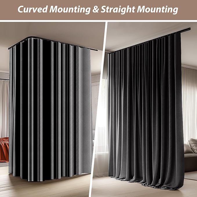 Room Divider Curtains with Ceiling Curtain Track Set Window Curtain for Bedroom,Living Room Total Blackout Thermal Insulated Privacy Ceiling Track Curtain W 12 × H 9 FT Grey drape&Black track