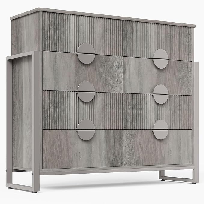 LGHM Fluted Dresser for Bedroom with 8 Drawers, Modern 8 Drawers Dressers with Semi-Cylindrical, Chest of Drawers Closet Organizers and Storage Clothes, 43" Tall Dresser with Bold Steel Frame, Gray