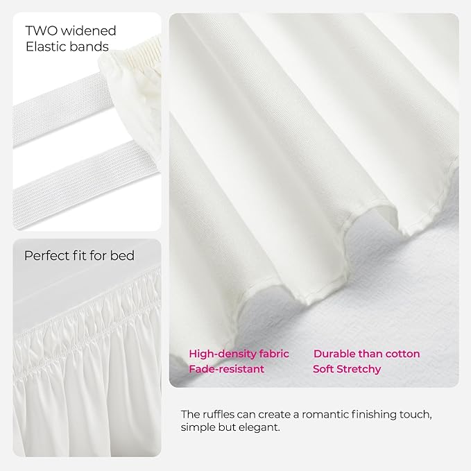 RIMELA Dorm Bed Skirt Twin XL 32 Inch Drop, Easy to Install Extra Long Wrap Around Elastic Dust Ruffle, Warm White Bedskirt Solid Silky Fabric Machine Washable (Twin XL 80“L x 39”W & Twin 75“L x 39”W)