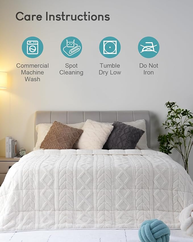 Cottonblue Weighted Blanket 15lbs for Twin/Full Ded - Plush Jacquard Sherpa Bed Blanket for Deep Sleep and Relaxation, Heavy Calm Blankets with Cemaric Beads, 48x72 Inches, Cream White