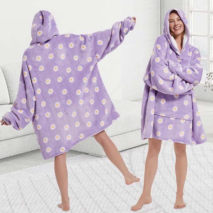 Wearable Blanket Hoodie for Adult,Oversized Sherpa Fleece Blanket Hoodie for Women Men,Daisy