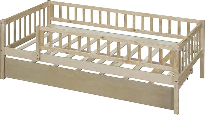 Bellemave Twin Bed Frames with Rails for Kids, Twin daybed Frame with Trundle for Boys/Girls/Adults， Natural