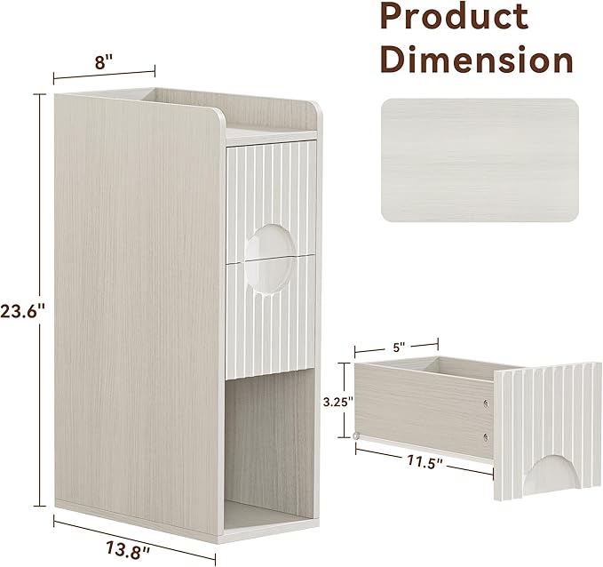 Narrow Nightstand Set of 2, Wood 2 Drawer Narrow Nightstand, Skinny Night Stand with Open Storage, Mid Century Modern Slim Bedside Table for Bedroom, White Oak