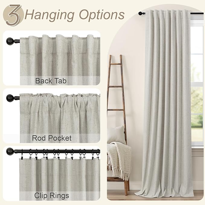 Black Out Linen Curtains 108 Inches Long for Living Room 2 Panels Set Total Blackout Flax Pleated Drapes Back Tab Neutral Boho Ceiling Floor 108 Inch Window Curtains Bedroom Cottage Core Stone Taupe