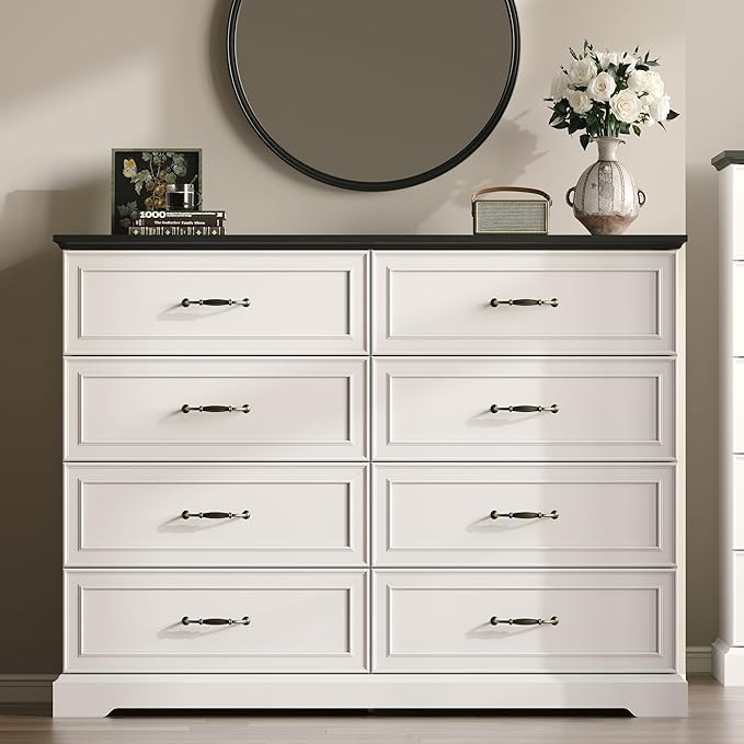 Farmhouse 8 Drawers Dresser for Bedroom, 54" Wide Modern Chest of Drawers with Deep Drawers & Bar Handles, Rustic Wood Dresser TV Stand, Wooden Closet Storage Organizer for Living Room, Hallway, White