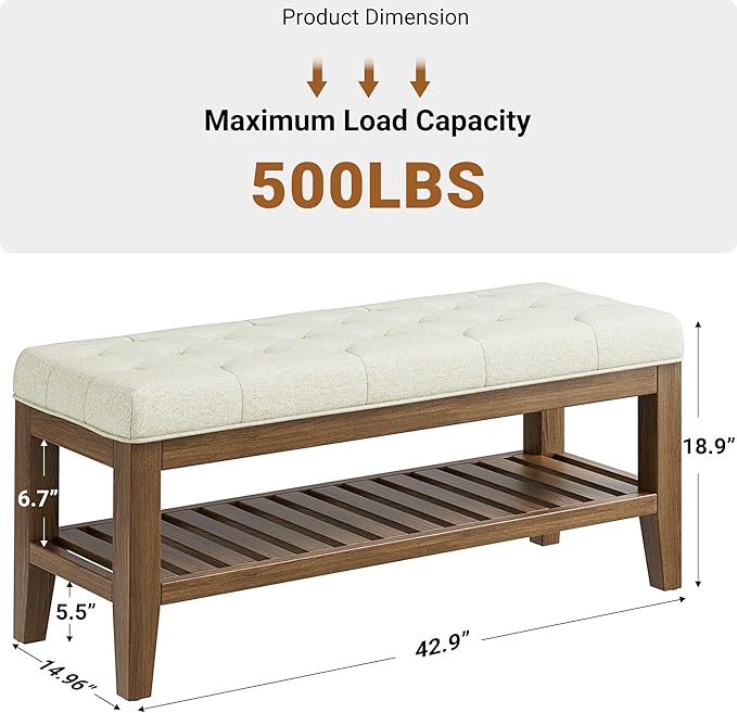 End of Bed Storage Bench, 42.9" Entryway Shoe Bench with Solid Wood Shelf, Upholstered Ottoman with Padded Seat for Bedroom, Hallway and Living Room, Beige